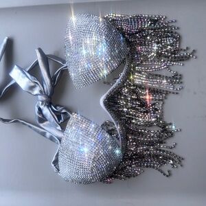 Silver Rhinestone Fringe Bikini Top